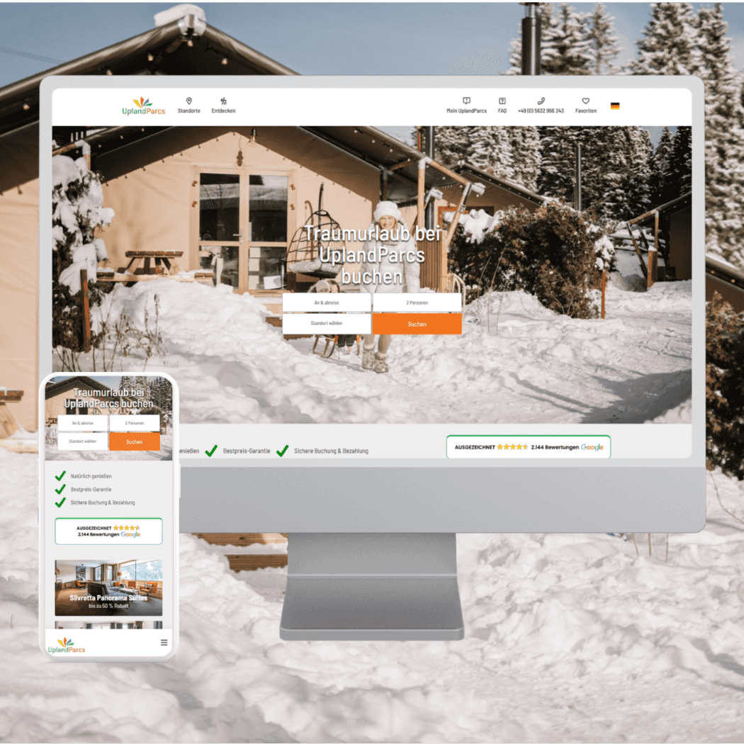 Buchungswebsite von UplandParcs mit einer Suchfunktion für Aufenthalte